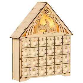 HOMCOM Christmas Advent Calendar, Light Up Manger Scene Tabletop Xmas Wooden House Holiday Decoration with Countdown Drawer, Bible Characters