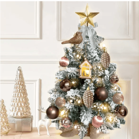 22in Mini Christmas Tree With Lights, Rose Gold Artificial Small Tabletop Christmas Tree With Flocked Snow