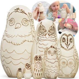 Owl Craft Blank Russian Nesting Dolls Set 7 pcs Unfinished Wood Crafts Paint Your Own Matryoshka Owl Figurines Blank Owl Nesting Dolls Unpainted