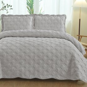 Velvet Embroidered Quilt Set - Light Grey (Color: Grey)