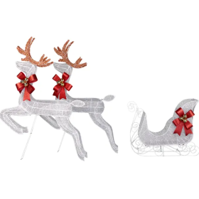 3-Piece Lighted Set Of 2 Reindeer & Sleigh, Weather Proof Christmas Outdoor Decorations With Pre-lit 270 LED White Lights And Stakes For Xmas Out (Option: as picture)