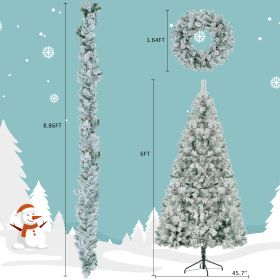 6 Feet Snow Covered Christmas Tree, Pre-Installed Light Set With Tree & Garland & Garland, Artificial Hinged Christmas Tree With Colored LED Ligh (Option: White and green)