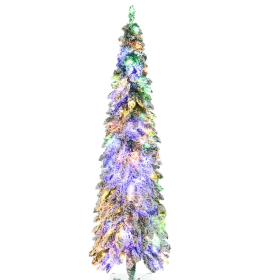 HOMCOM 6ft Tall Prelit Pencil Artificial Christmas Tree Holiday Decor With 407 Snow Flocked Branches, 250 Warm White Or Colorful LED Lights, Down (Option: As Pic)