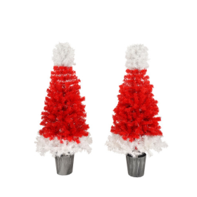 Lighted Santa Hat Style Christmas Tree Set Of 2, 4ft Artificial Tree With Warm White Lights, Christmas Tree For Decoration Inside And Outside (Option: RedWhite)