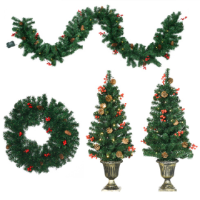 HOMCOM Prelit Holiday Christmas 4-Piece Set, Garland Wreath And Set Of 2 Entrance Trees With Warm White LED Lights, Red Berries, Pine Cones, Gree (Color: Green)